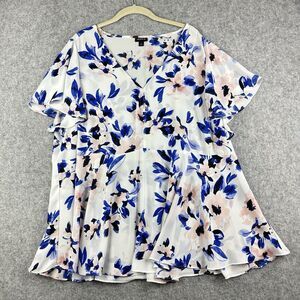 Torrid Blouse Top Womens Plus Size 3X Blue Floral Flutter Coquette Career Office